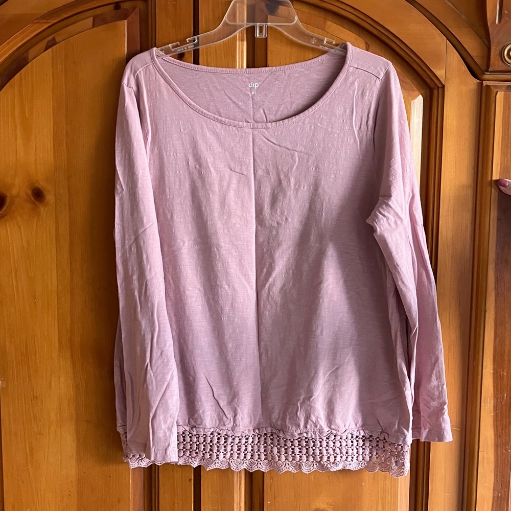 Cato Light Pink Long Sleeve Top with Lace Hem